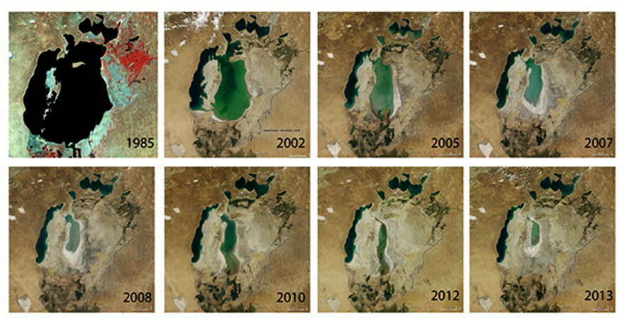 Evolución de la masa de agua del mar de Aral entre 1985 y 2013 (imágenes de la NASA).