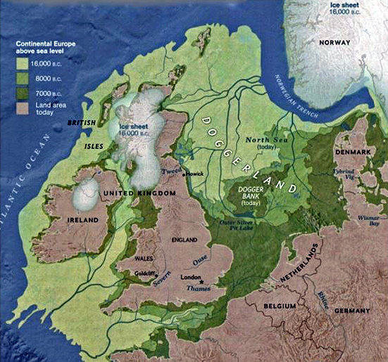 Cartografía de la antigua línea de costa de Europa occidental hace 16.000 años, cuando las Islas Británicas estaban unidas al continente. Fuente: Mcnulty y Cookson, publicado en National Geographic.